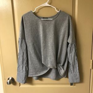grey shirt with striped sleeves (long sleeve)